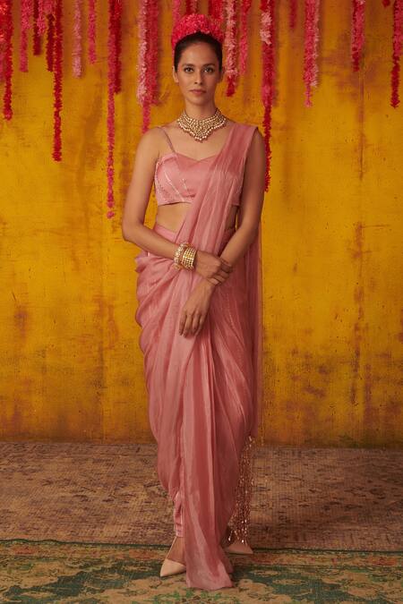 Masumi Mewawalla Pink Silk, Organza Bead Work, Cutdana Embroidered Pre-draped Pant Saree Set Online at Aza Fashions Masumi Mewawalla_Pink Silk, Organza Bead Work, Cutdana Embroidered Pre-draped Pant Saree Set _Online_at_Aza_Fashions