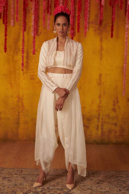 Mulmul Cotton Tan Brown Crop Top With Knotted Belt And Dhoti Pants Se