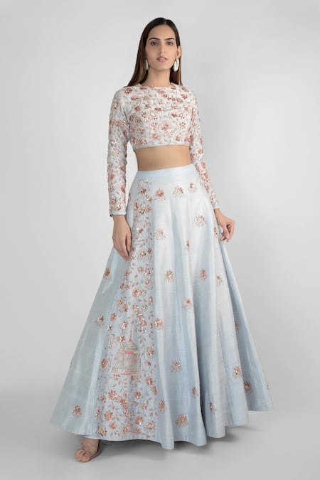 Masumi Mewawalla Blue Raw Silk Embroidery Round Embellished Crop Top And Lehenga Set 