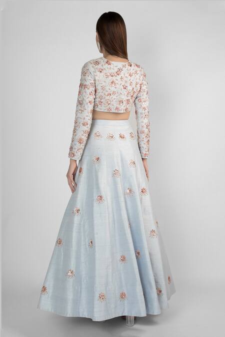 Shop_Masumi Mewawalla_Blue Raw Silk Round Embellished Crop Top And Lehenga Set_at_Aza_Fashions