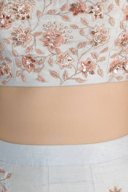 Masumi Mewawalla_Blue Raw Silk Round Embellished Crop Top And Lehenga Set_Online_at_Aza_Fashions