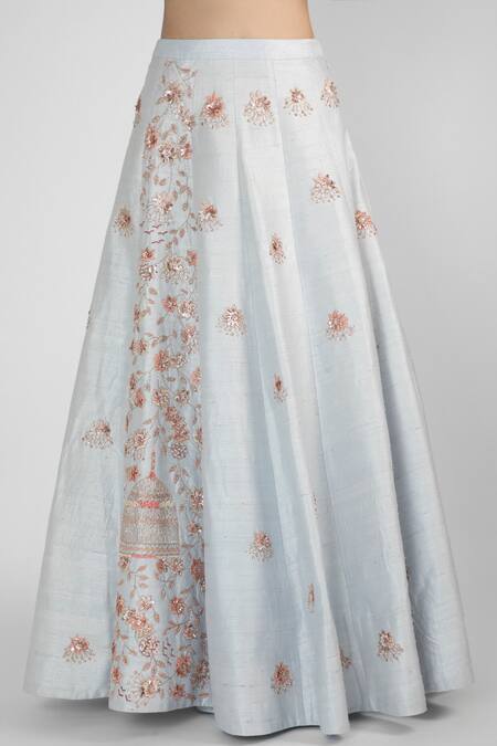 Buy_Masumi Mewawalla_Blue Raw Silk Round Embellished Crop Top And Lehenga Set_Online_at_Aza_Fashions