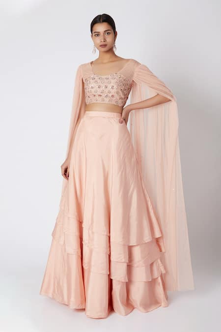 Buy Peach Habutai Embroidery U Neck Draped Crop Top And Lehenga Set For  Women by Masumi Mewawalla Online at Aza Fashions.