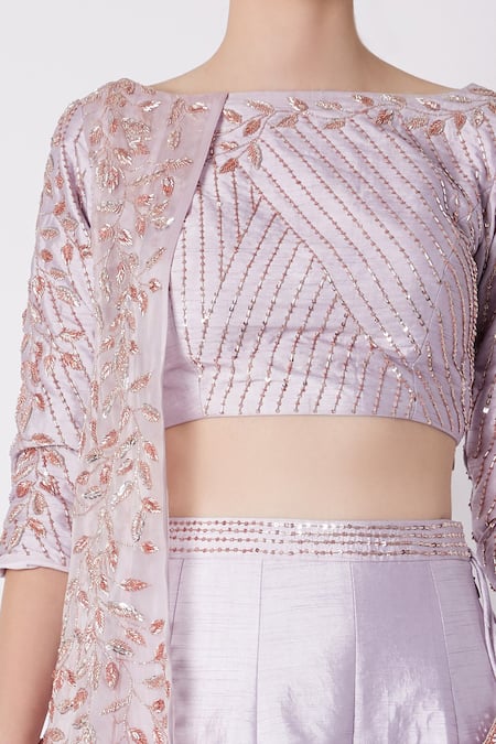 Masumi Mewawalla_Purple Organza, Dupion Round Draped Crop Top And Lehenga Set _Online_at_Aza_Fashions
