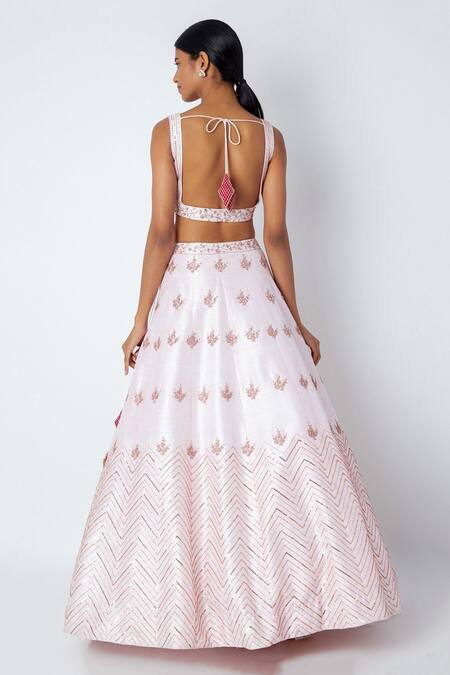 Shop_Masumi Mewawalla_Pink Raw Silk, Net Leaf Neck Embroidered Lehenga Set_at_Aza_Fashions
