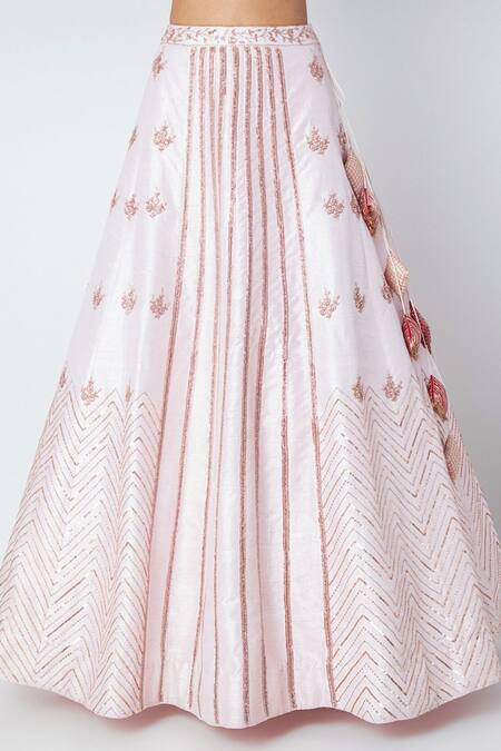 Masumi Mewawalla_Pink Raw Silk, Net Leaf Neck Embroidered Lehenga Set_Online_at_Aza_Fashions