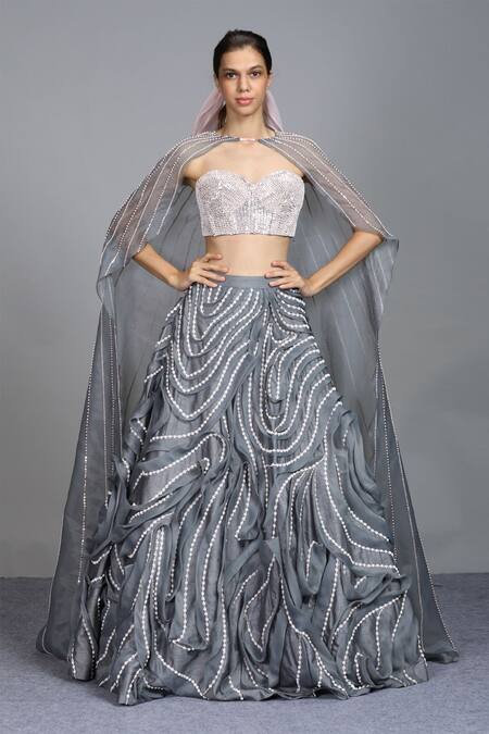 Buy_Masumi Mewawalla_Grey Organza, Dupion Sweetheart Neck Cape And Ruffle Lehenga Set_Online_at_Aza_Fashions