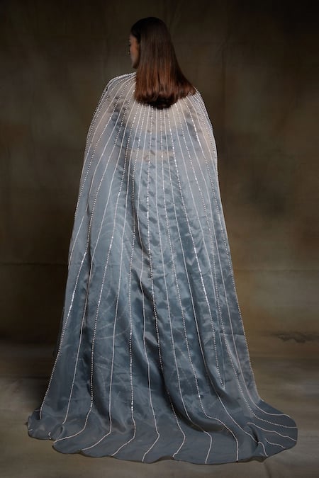 Shop_Masumi Mewawalla_Grey Organza, Dupion Sweetheart Neck Cape And Ruffle Lehenga Set_at_Aza_Fashions