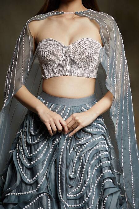 Masumi Mewawalla_Grey Organza, Dupion Sweetheart Neck Cape And Ruffle Lehenga Set_at_Aza_Fashions