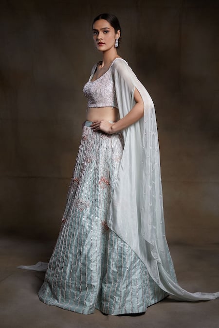 Masumi Mewawalla_Green , Tabby Leaf Neck Draped Blouse And Lehenga Set_Online_at_Aza_Fashions