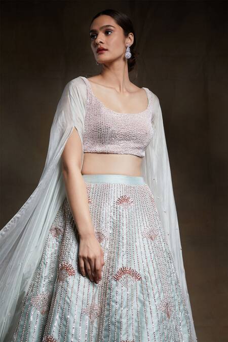 Buy_Masumi Mewawalla_Green , Tabby Leaf Neck Draped Blouse And Lehenga Set_Online_at_Aza_Fashions