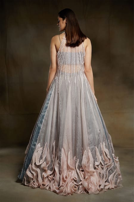 Shop_Masumi Mewawalla_Grey Organza, Dupion U Neck Ruffle Jacket And Lehenga Set_at_Aza_Fashions