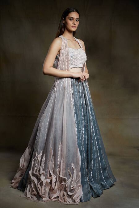 Masumi Mewawalla_Grey Organza, Dupion U Neck Ruffle Jacket And Lehenga Set_Online_at_Aza_Fashions