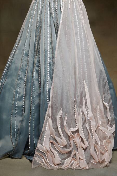 Masumi Mewawalla_Grey Organza, Dupion U Neck Ruffle Jacket And Lehenga Set_at_Aza_Fashions