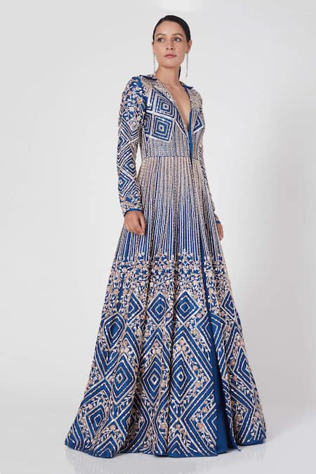 Shop Masumi Mewawalla Blue Dupion Lapel Collar Embroidered Jacket And Lehenga Set Online at Aza Fashions Shop_Masumi Mewawalla_Blue Dupion Lapel Collar Embroidered Jacket And Lehenga Set_Online_at_Aza_Fashions