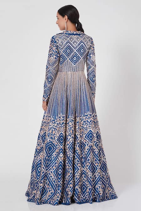 Shop Masumi Mewawalla Blue Dupion Lapel Collar Embroidered Jacket And Lehenga Set at Aza Fashions Shop_Masumi Mewawalla_Blue Dupion Lapel Collar Embroidered Jacket And Lehenga Set_at_Aza_Fashions