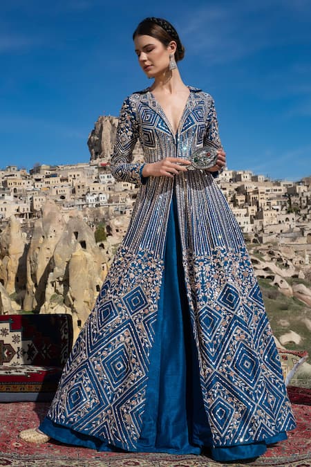 Masumi Mewawalla Blue Dupion Lapel Collar Embroidered Jacket And Lehenga Set Online at Aza Fashions Masumi Mewawalla_Blue Dupion Lapel Collar Embroidered Jacket And Lehenga Set_Online_at_Aza_Fashions