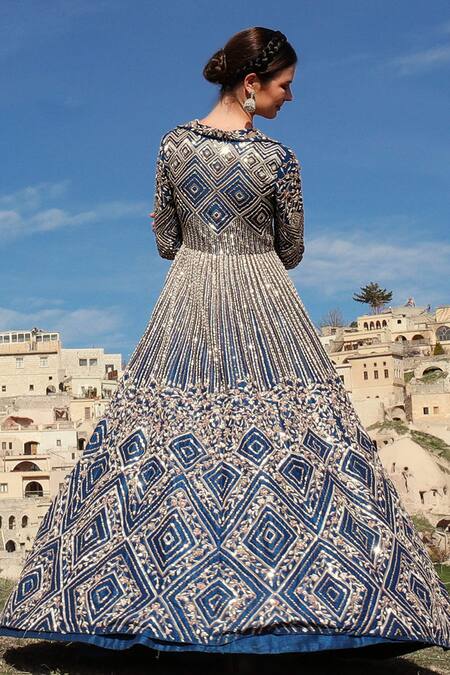 Buy_Masumi Mewawalla_Blue Dupion Lapel Collar Embroidered Jacket And Lehenga Set_Online_at_Aza_Fashions
