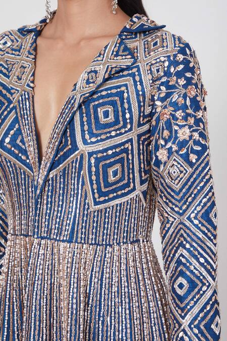 Masumi Mewawalla Blue Dupion Lapel Collar Embroidered Jacket And Lehenga Set at Aza Fashions Masumi Mewawalla_Blue Dupion Lapel Collar Embroidered Jacket And Lehenga Set_at_Aza_Fashions