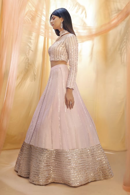 Masumi Mewawalla_Purple Dupion Silk Round Cutout Blouse And Lehenga Set_Online_at_Aza_Fashions