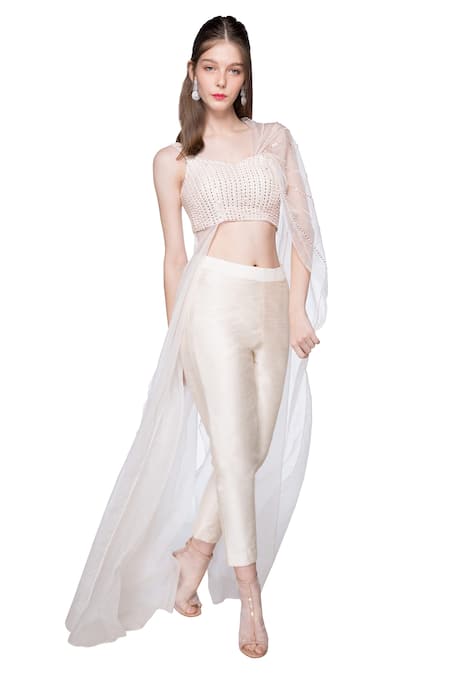 Shop Masumi Mewawalla Beige Organza, Dupion, Shanton Sweetheart Neck Draped Crop Top And Pant Set at Aza Fashions Shop_Masumi Mewawalla_Beige Organza, Dupion, Shanton Sweetheart Neck Draped Crop Top And Pant Set _at_Aza_Fashions