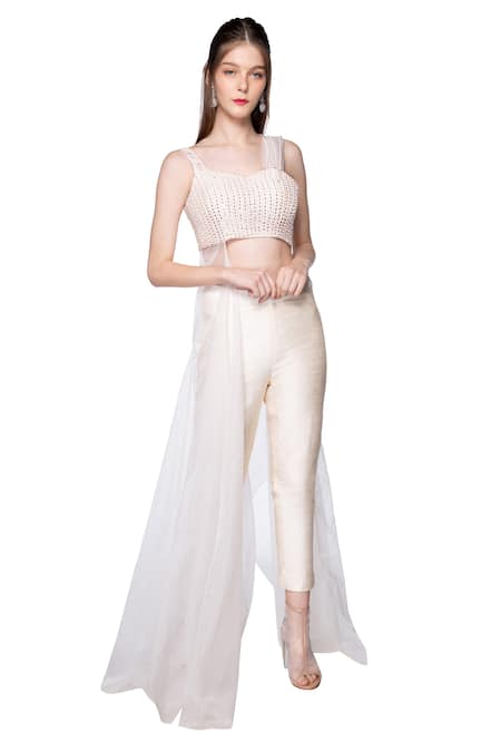 Masumi Mewawalla Beige Organza, Dupion, Shanton Sweetheart Neck Draped Crop Top And Pant Set Online at Aza Fashions Masumi Mewawalla_Beige Organza, Dupion, Shanton Sweetheart Neck Draped Crop Top And Pant Set _Online_at_Aza_Fashions