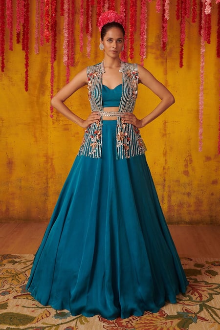 Buy Blue Tissue Hand Embroidered Aari Jacket Open Floral Lehenga Set For  Women by Osaa by Adarsh Online at Aza Fashions.