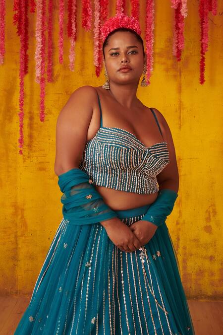 Shop_Masumi Mewawalla_Blue , Tabby Bead Work, Cutdana Work, Embroidered Bridal Lehenga Set_at_Aza_Fashions