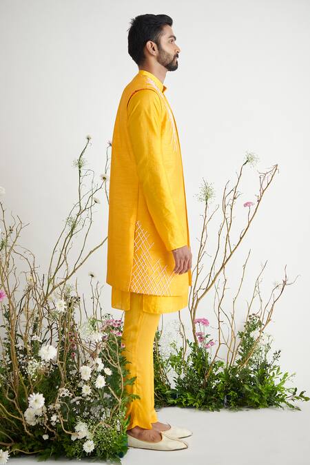 Masumi Mewawalla_Yellow Embroidered Sherwani And Kurta Set _Online_at_Aza_Fashions