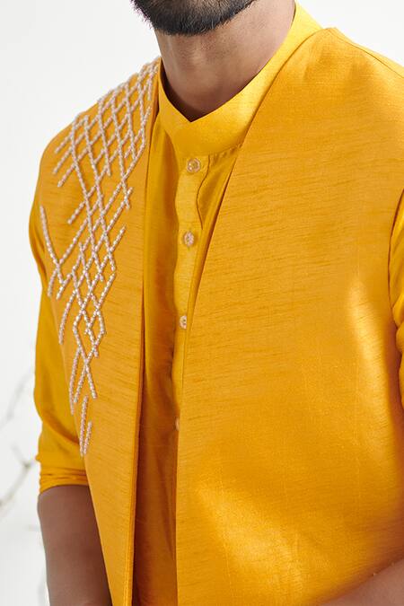 Masumi Mewawalla_Yellow Embroidered Sherwani And Kurta Set _at_Aza_Fashions