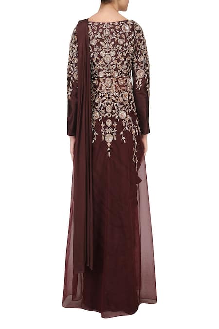 Shop Masumi Mewawalla Brown Silk, Organza, Crepe Boat Pre-draped Saree With Blouse at Aza Fashions Shop_Masumi Mewawalla_Brown Silk, Organza, Crepe Boat Pre-draped Saree With Blouse _at_Aza_Fashions