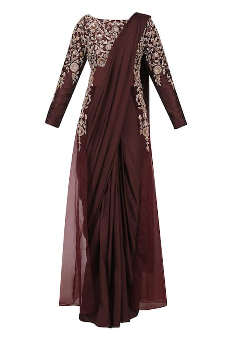Masumi Mewawalla Brown Silk, Organza, Crepe Boat Pre-draped Saree With Blouse Online at Aza Fashions Masumi Mewawalla_Brown Silk, Organza, Crepe Boat Pre-draped Saree With Blouse _Online_at_Aza_Fashions