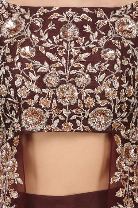 Buy Masumi Mewawalla Brown Silk, Organza, Crepe Boat Pre-draped Saree With Blouse Online at Aza Fashions Buy_Masumi Mewawalla_Brown Silk, Organza, Crepe Boat Pre-draped Saree With Blouse _Online_at_Aza_Fashions