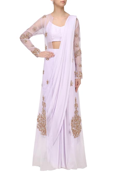 Masumi Mewawalla White Silk Blouse Scoop Pre-draped Saree With And Jacket  