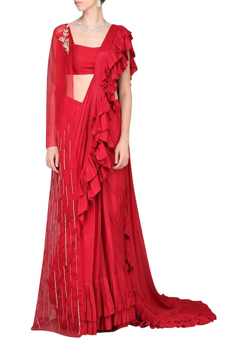 Masumi Mewawalla Red Silk Blouse Scoop Pre-draped Saree And Cape  