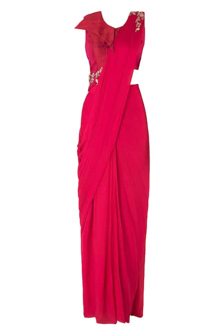 Masumi Mewawalla Pink Raw Silk, Crepe Round Pre-draped Saree With Blouse