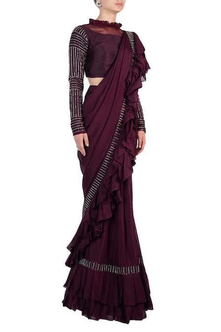 Masumi Mewawalla Purple Crepe Round Pre-draped Velvet Ruffle Saree  