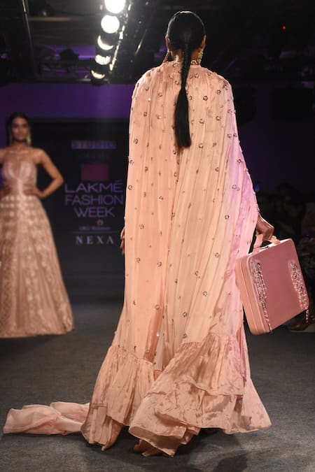 Shop_Masumi Mewawalla_Peach Satin Organza, Lycra, Dupion, Habutai Cape Band Pant Saree With And Blouse _at_Aza_Fashions