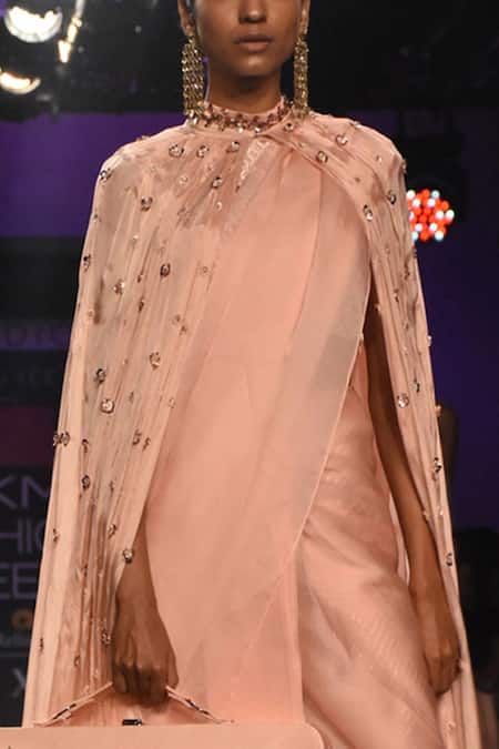 Masumi Mewawalla_Peach Satin Organza, Lycra, Dupion, Habutai Cape Band Pant Saree With And Blouse _Online_at_Aza_Fashions