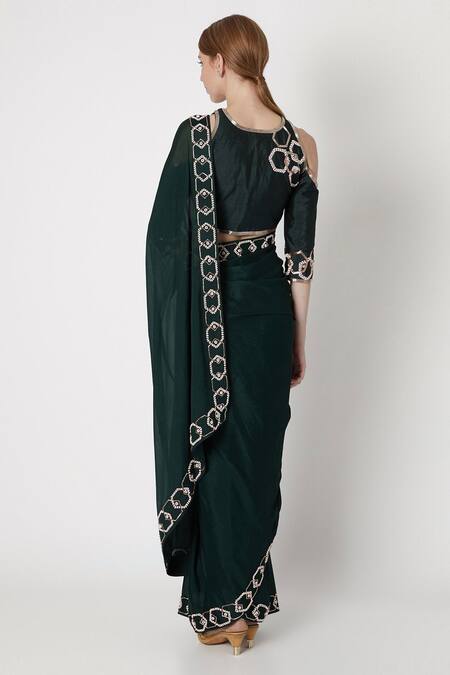 Shop_Masumi Mewawalla_Green Raw Silk, Crepe Round Embroidered Saree With Blouse _at_Aza_Fashions