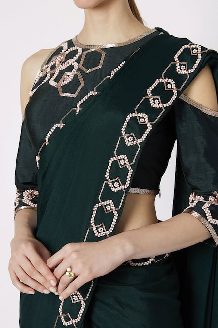 Buy_Masumi Mewawalla_Green Raw Silk, Crepe Round Embroidered Saree With Blouse _Online_at_Aza_Fashions