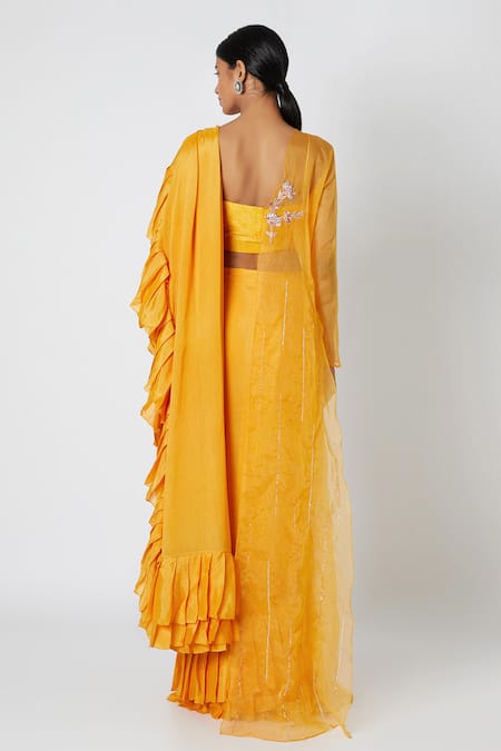 Shop_Masumi Mewawalla_Yellow Crepe Jacket And Ruffle Saree Set  _at_Aza_Fashions