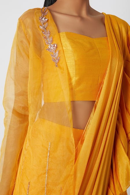 Masumi Mewawalla_Yellow Crepe Jacket And Ruffle Saree Set  _Online_at_Aza_Fashions