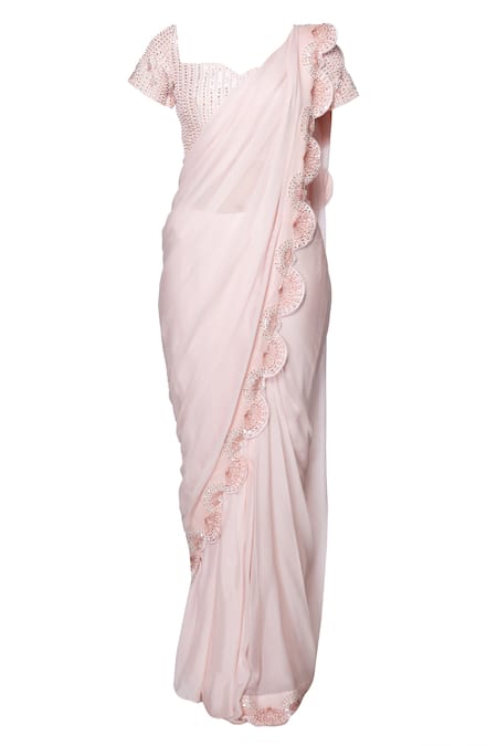Shop_Masumi Mewawalla_Pink Organza, Crepe, Dupion, Shanton Sweetheart Pre-draped Saree With Blouse _Online_at_Aza_Fashions