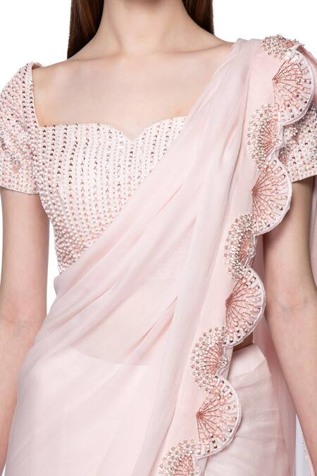 Masumi Mewawalla_Pink Organza, Crepe, Dupion, Shanton Sweetheart Pre-draped Saree With Blouse _at_Aza_Fashions