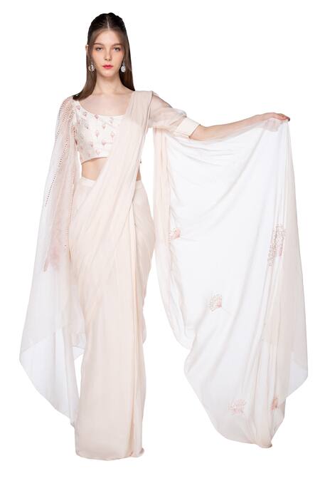 Masumi Mewawalla_White Organza, Crepe, Dupion, Shanton Scoop Neck Pre-draped Saree With Blouse _Online_at_Aza_Fashions