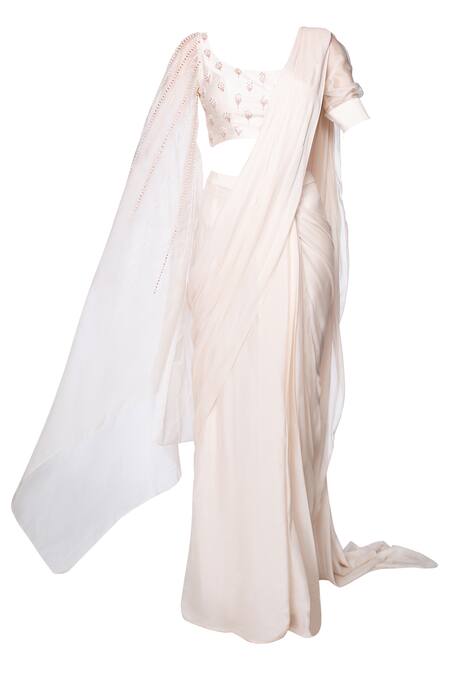 Shop_Masumi Mewawalla_White Organza, Crepe, Dupion, Shanton Scoop Neck Pre-draped Saree With Blouse _Online_at_Aza_Fashions