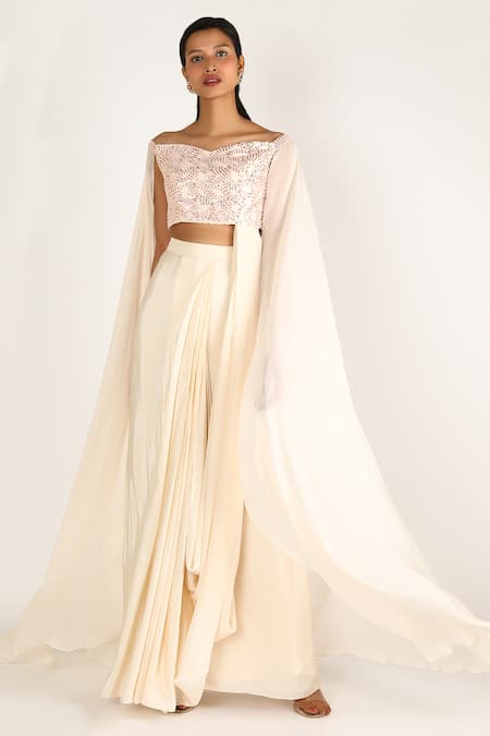 Masumi Mewawalla Beige Crepe, Shantoon, Dupion, Tabby Silk Wide Neck Draped Saree Set 