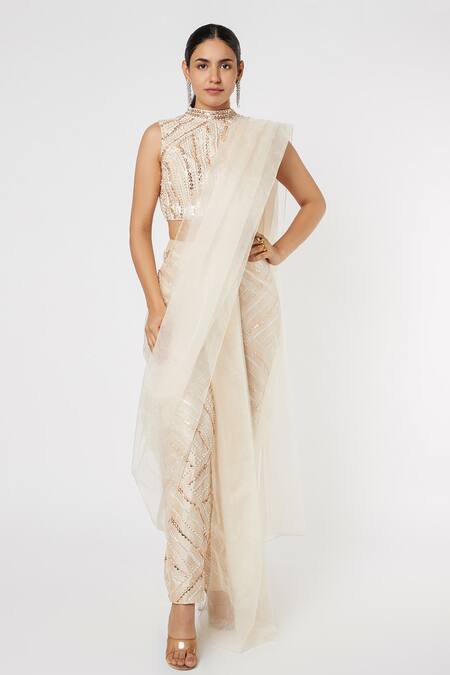 Masumi Mewawalla Gold Organza, Dupion, Tabby Silk Round Pre-draped Pant Saree Set Online at Aza Fashions Masumi Mewawalla_Gold Organza, Dupion, Tabby Silk Round Pre-draped Pant Saree Set _Online_at_Aza_Fashions