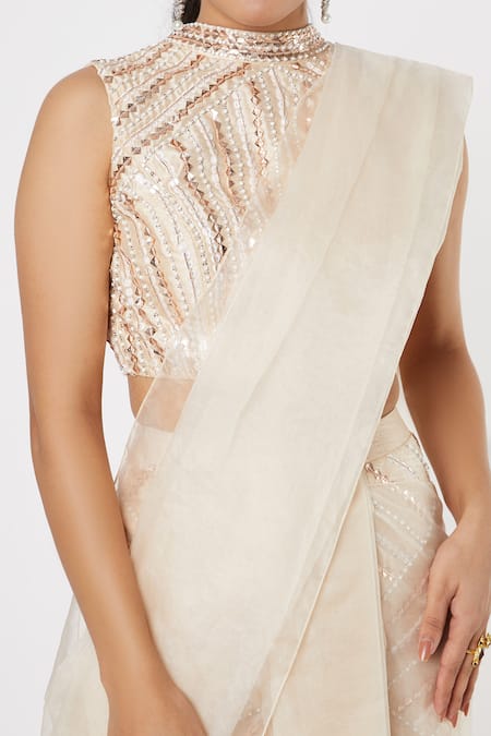 Shop Masumi Mewawalla Gold Organza, Dupion, Tabby Silk Round Pre-draped Pant Saree Set Online at Aza Fashions Shop_Masumi Mewawalla_Gold Organza, Dupion, Tabby Silk Round Pre-draped Pant Saree Set _Online_at_Aza_Fashions